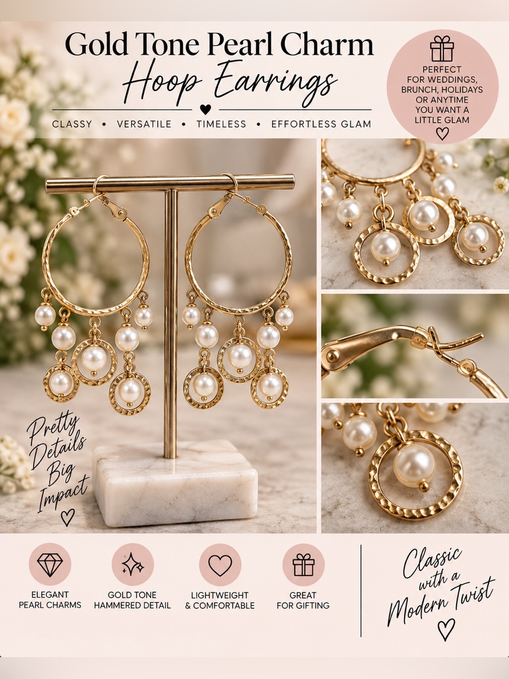 Gold Tone Pearl Charm Hoop Earrings 3” Chandelier